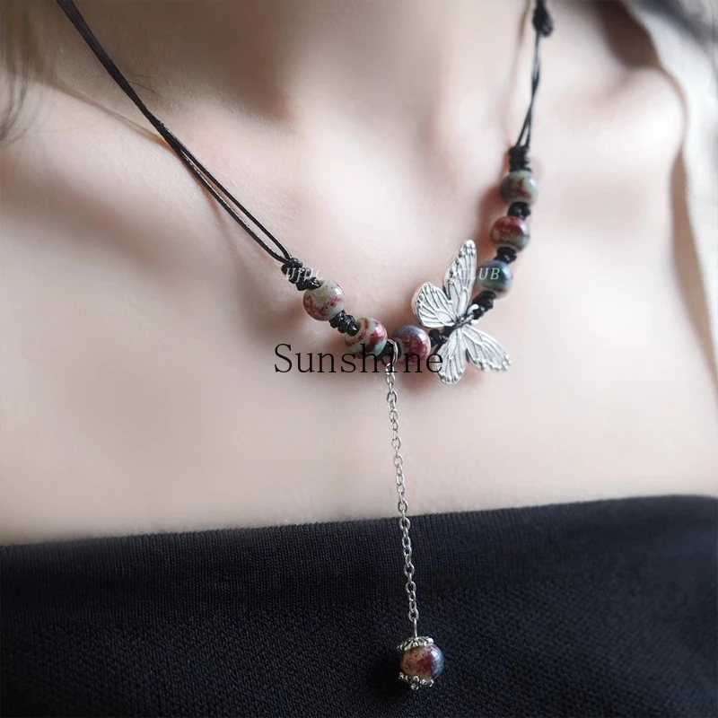 Guochao retro ethnic style beaded butterfly necklace new Chinese style ancient style collarbone chain