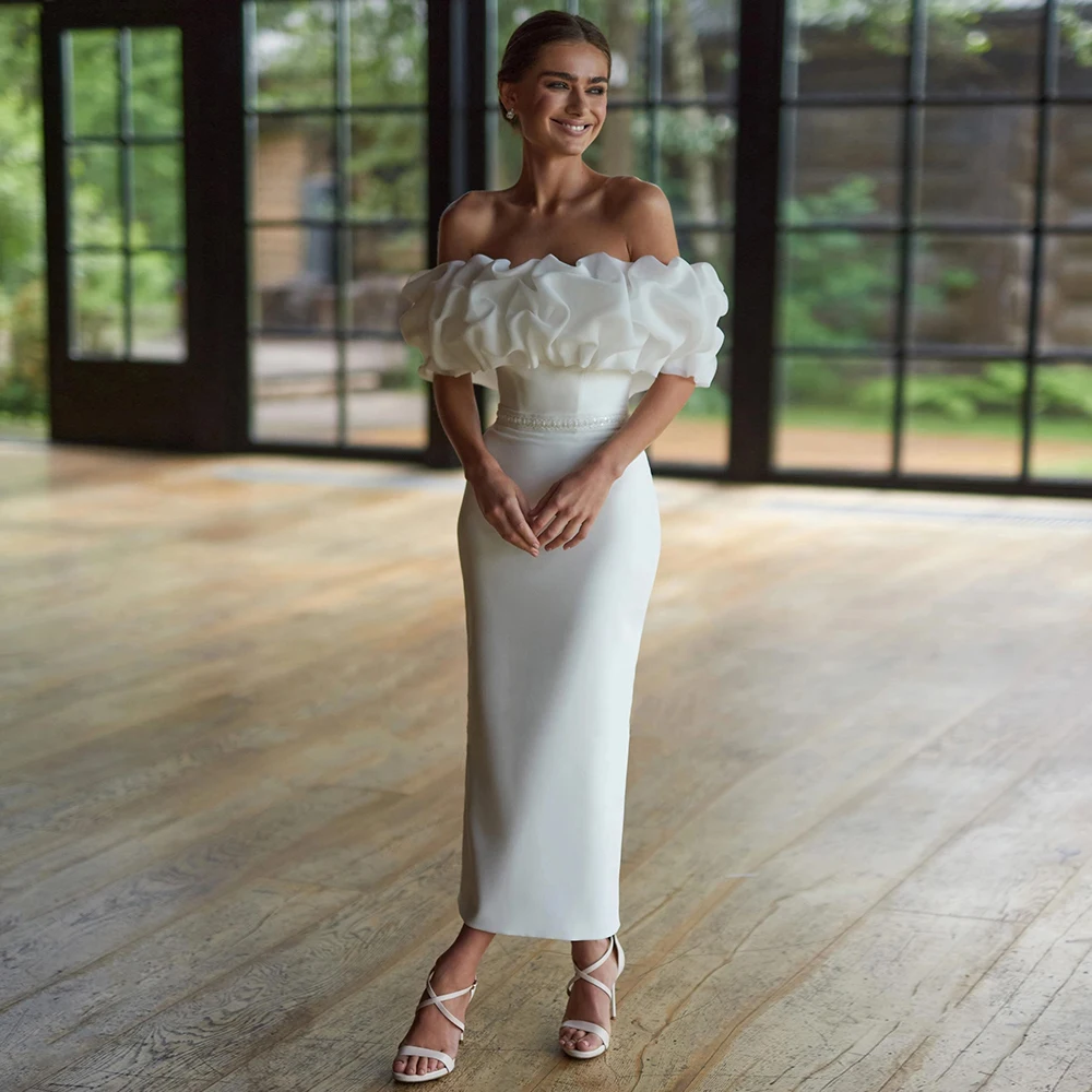 

Romantic Off-the-Shoulder Ruffle Midi Wedding Dress with Back Slit Crystal Belt Customized Tea Length Jersey Sheath Bridal Gowns