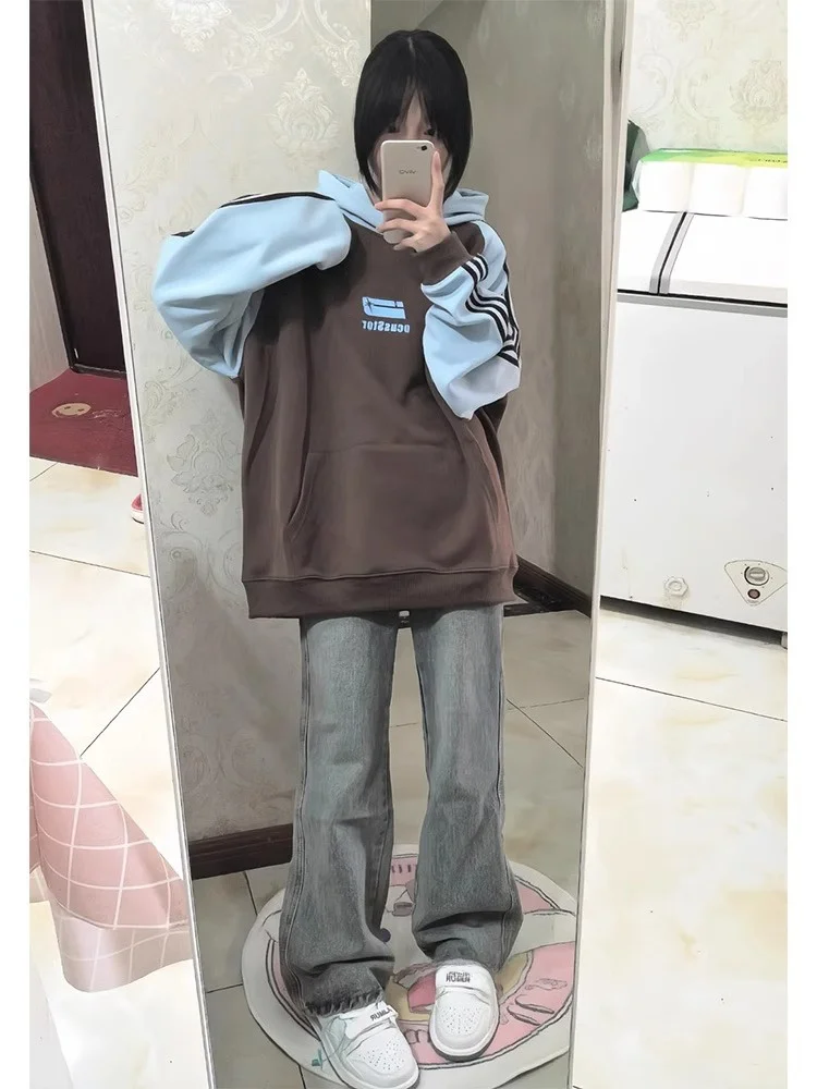 

Толстовка в полоску для пар большого размера в американском стиле, женский свободный весенне-осенний топ, корейский длинный свек Crew Ne