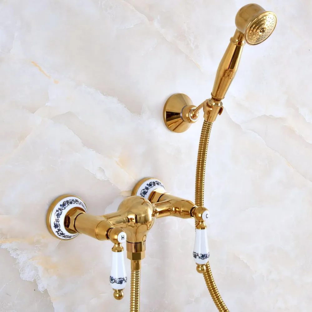 

Modern Golden Brass Wall Mounted Bathroom Shower Faucet Set with 1500MM Hose Handheld Spray Head Mixer Tap Dna988