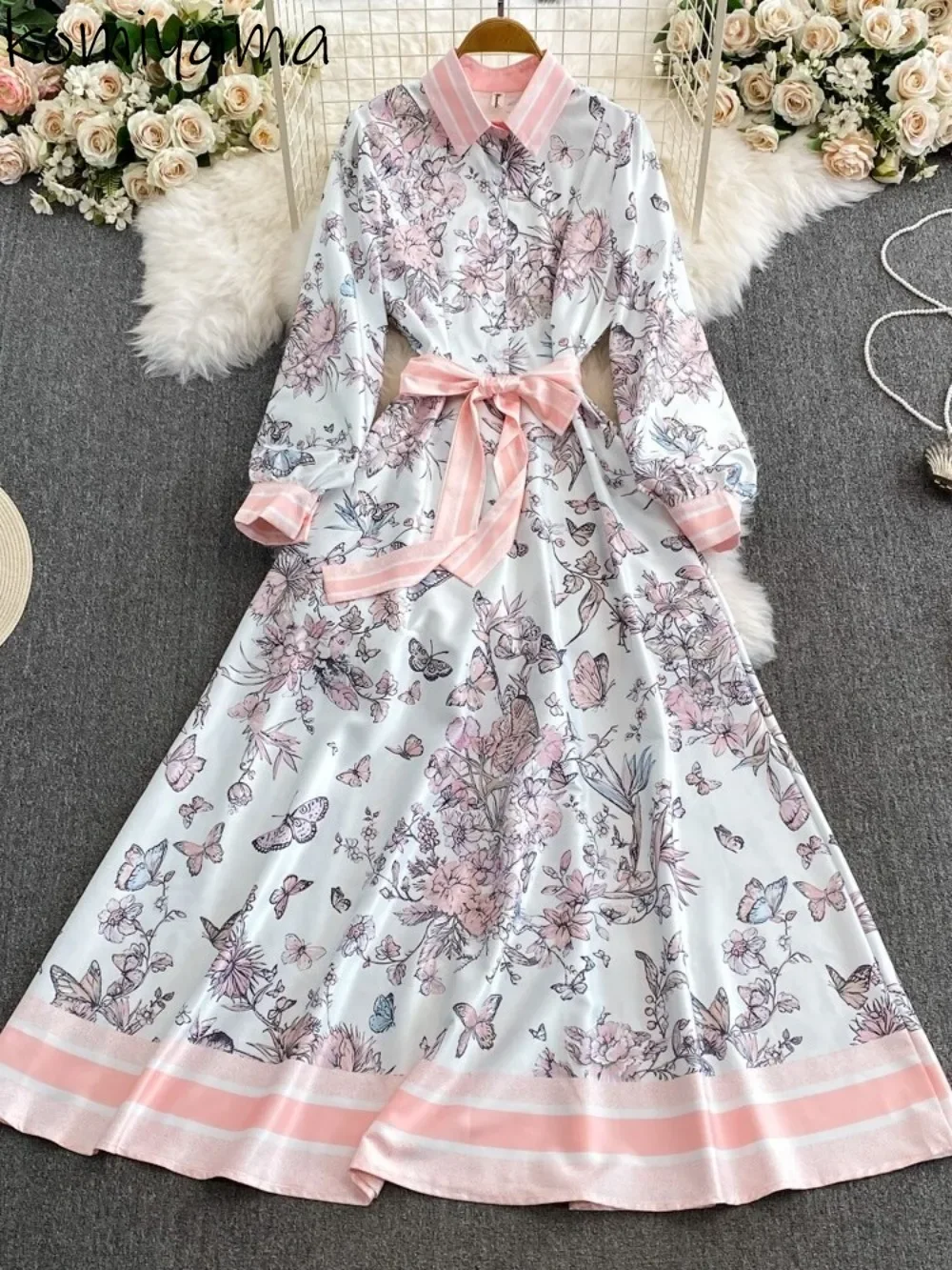 Lapel Neck Lantern Sleeve Vestidos Mujer Print Big Swing Women Dresses High Waist A-line Dress Stripe Hem Vestido 2025 Robes