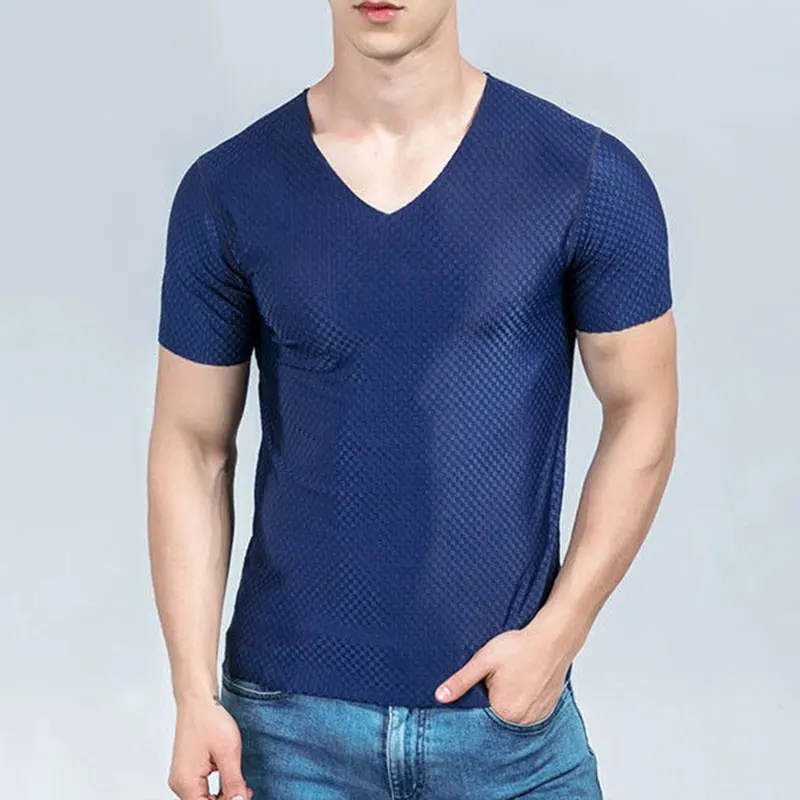 Men Ice Silk Seamless Vest Tank Tops Short Sleeves Thin Elastic Undershirt Male Body Building Fitness Plaid Underwear T-Shirt