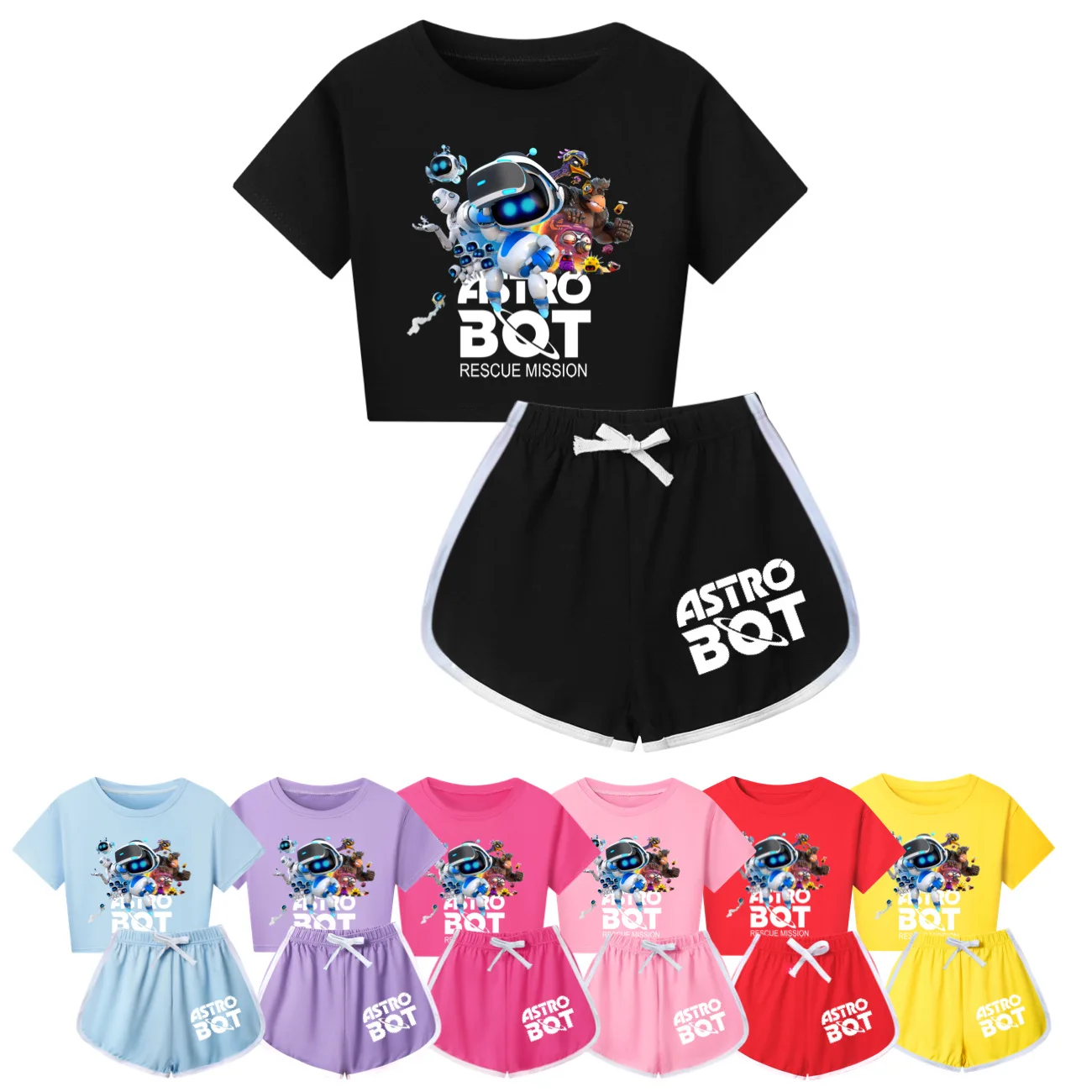 Cute Astro Bot  T-shirt Shorts Leisure Sports Suit Girls Clothing Set Baby Boys Homewear Suit Big Kids Summer Tshirt Best Gift