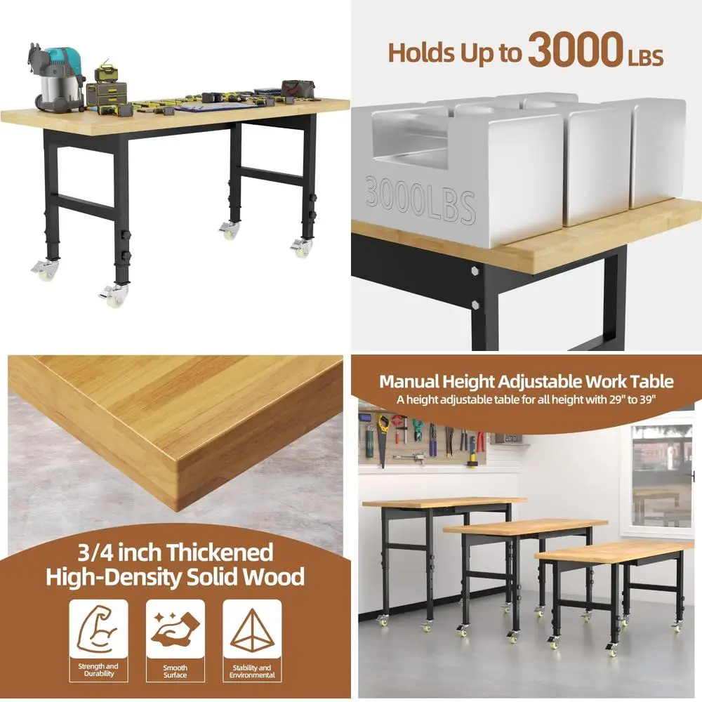 منضدة عمل كبيرة مع عجلات ومخرج طاقة، طاولة عمل من الخشب الصلب قابلة للتعديل للمرآب، مقعد عالي السعة