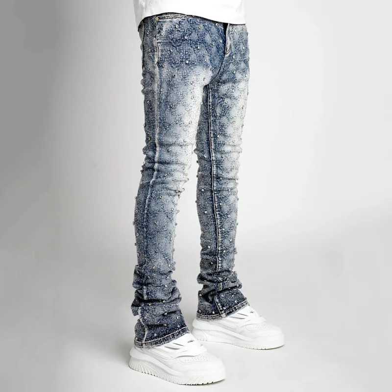 Men's jeans Fashion Personality Straight Leg Men's Pants Fashion Hot Item Elastic Pearl Denim Layered