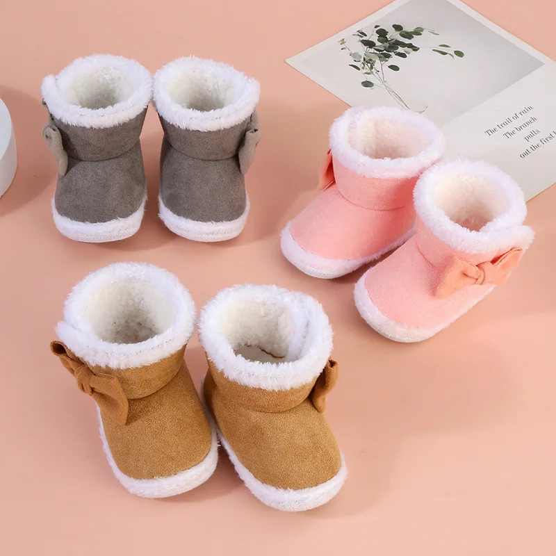 Newborn Babys Shoes Furry Snow Boots Cute Bowknot Girl Toddler Winter Plush Snow Booties Warm Infant Shoes Infant First Walkers