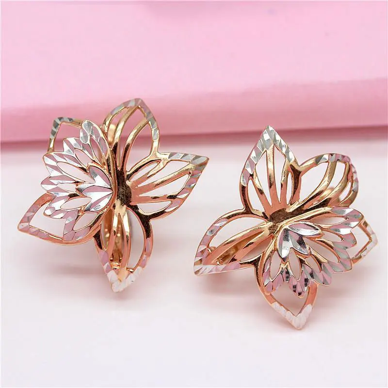 

585 purple gold 14K rose gold hollow out exquisite two-color flower earrings for women romantic light luxury engagement jewelry