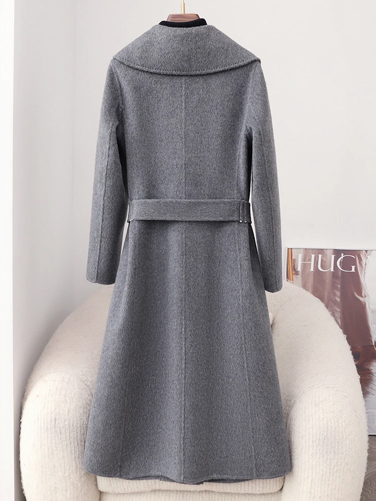 2024 new winter gray high-end double-sided velvet coat for women, medium and long, Hepburn style 100% wool woolen coat