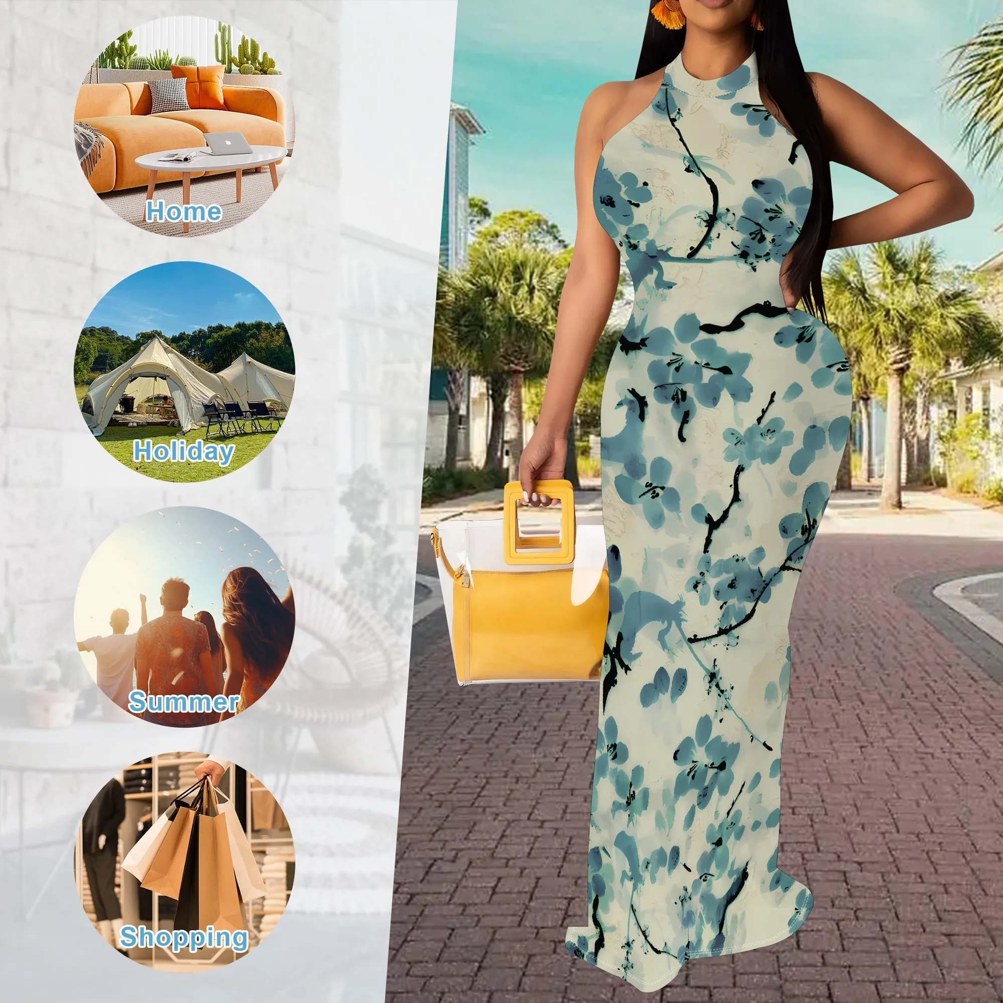 

Sexy Backless Halter Maxi Dress - Floral Print Long Evening Gown with Waist Cutout, Sleeveless Maxi Dress Boho Beach Dress, Wome