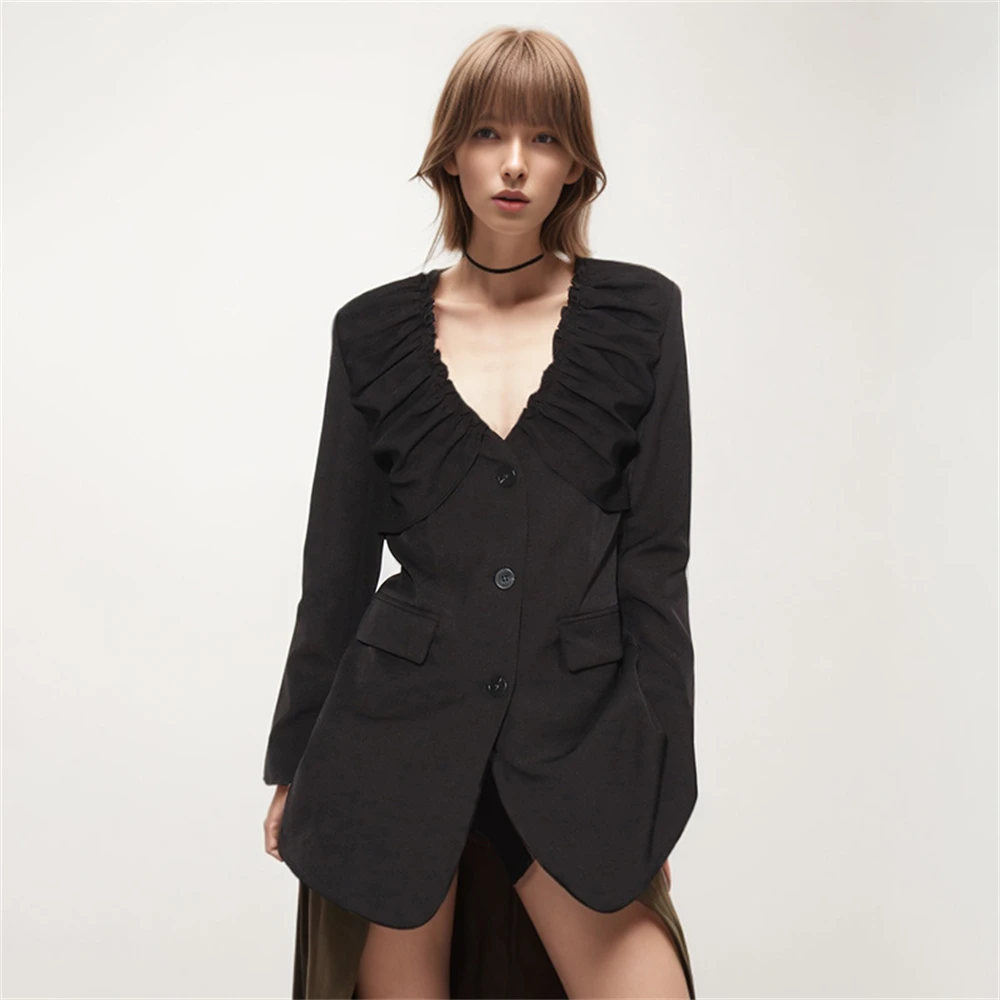 Fashion Commuting Stylish Black Suit Jacket for Women Niche 2024 Summer New V Neck Pleated Blazer Black Business Suits