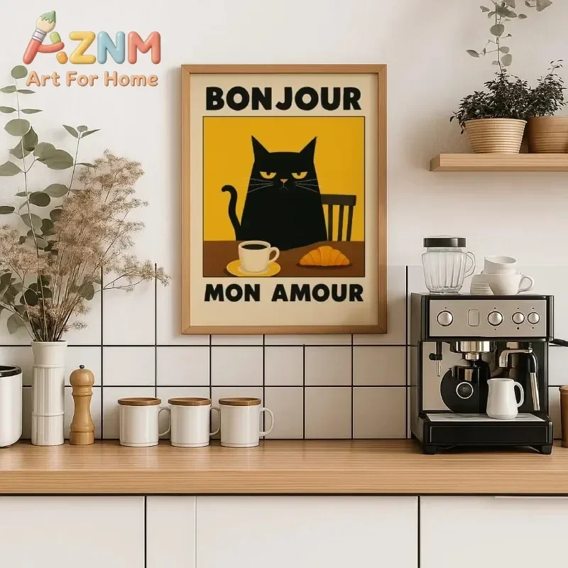 Modern Black Cat Illustration with Yellow Background Perfect for Living Room Hallway Decor, Cute Cat Decoration Poster Prints