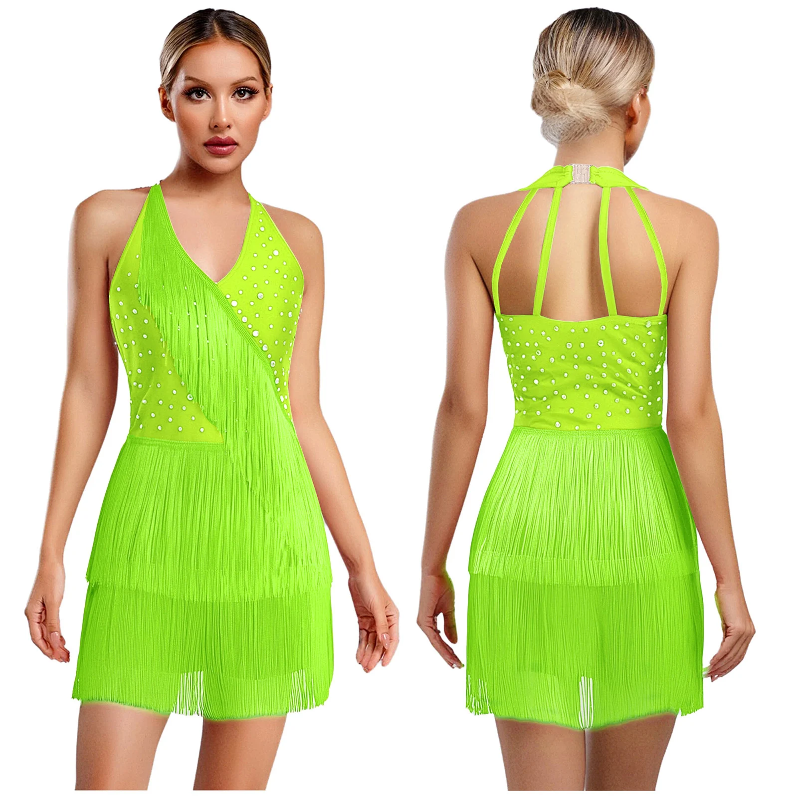 Strass salão de baile jazz tango salsa traje feminino sem mangas tiras layere franja lantejoulas macacão tango rumba vestidos