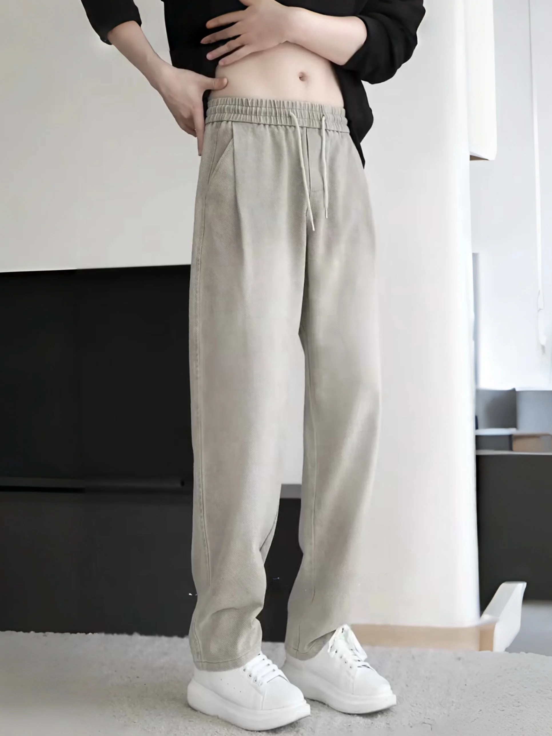 

Winter Wearable Ultra-Wear Resistant Fce Lined Casual Men's Jeans Slim Straight Fit Classic Pure Color Leisure Trousers