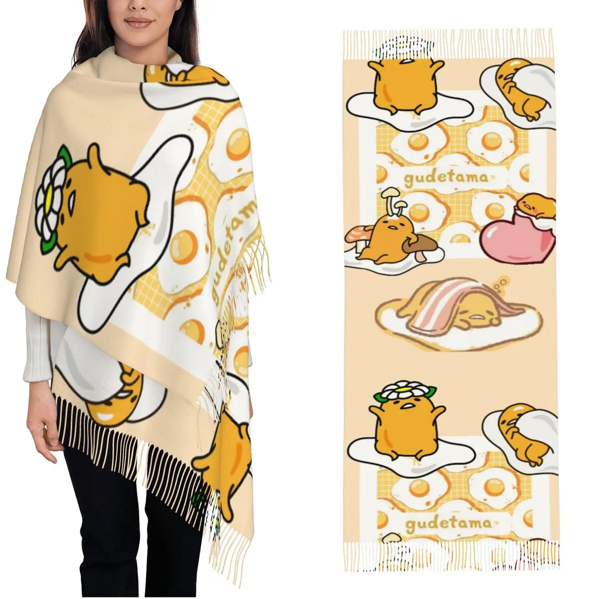 

Гудтама милый шарф с яйцом из мультфильма для женщин, зимняя теплая шаль, длинные большие шарфы с кисточкой для женщин