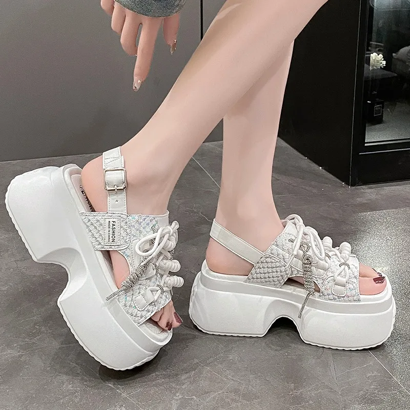 New Summer Women Leather Chunky Sandals High Platform Trainers Breathable Casual Slippers Shoes Woman 8CM Heels Wedge Sneakers