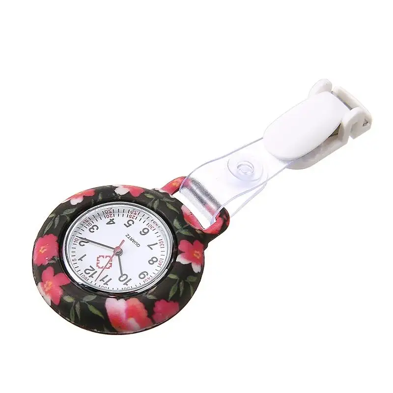 Fashion Silicone Nurse Watch with Beautiful Flower Pattern Quartz Movement Doctors & Nurses Pocket Watch Clip-On Hanging Brooch