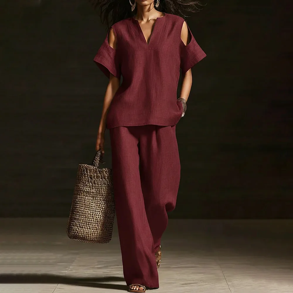 

Casual Loose 2 Piece Set Woman Outfits 2026 Summer Short Sleeve Tops And Matching Pants Sets Elegant
