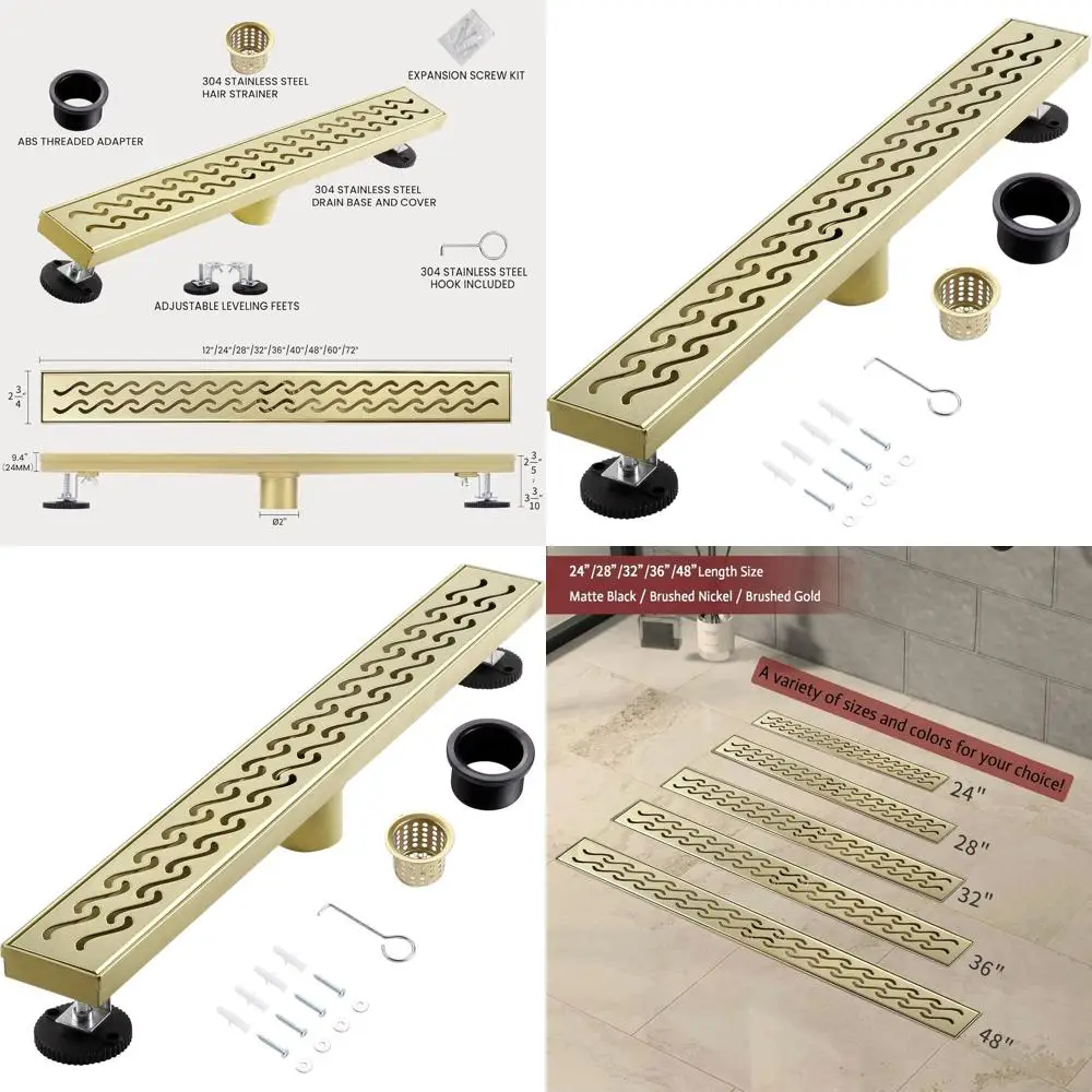 

36 Brushed Gold Linear Shower Drain with Removable Grate, 304 Stainless Steel, Easy Install & Clean, LSD-08A-36G