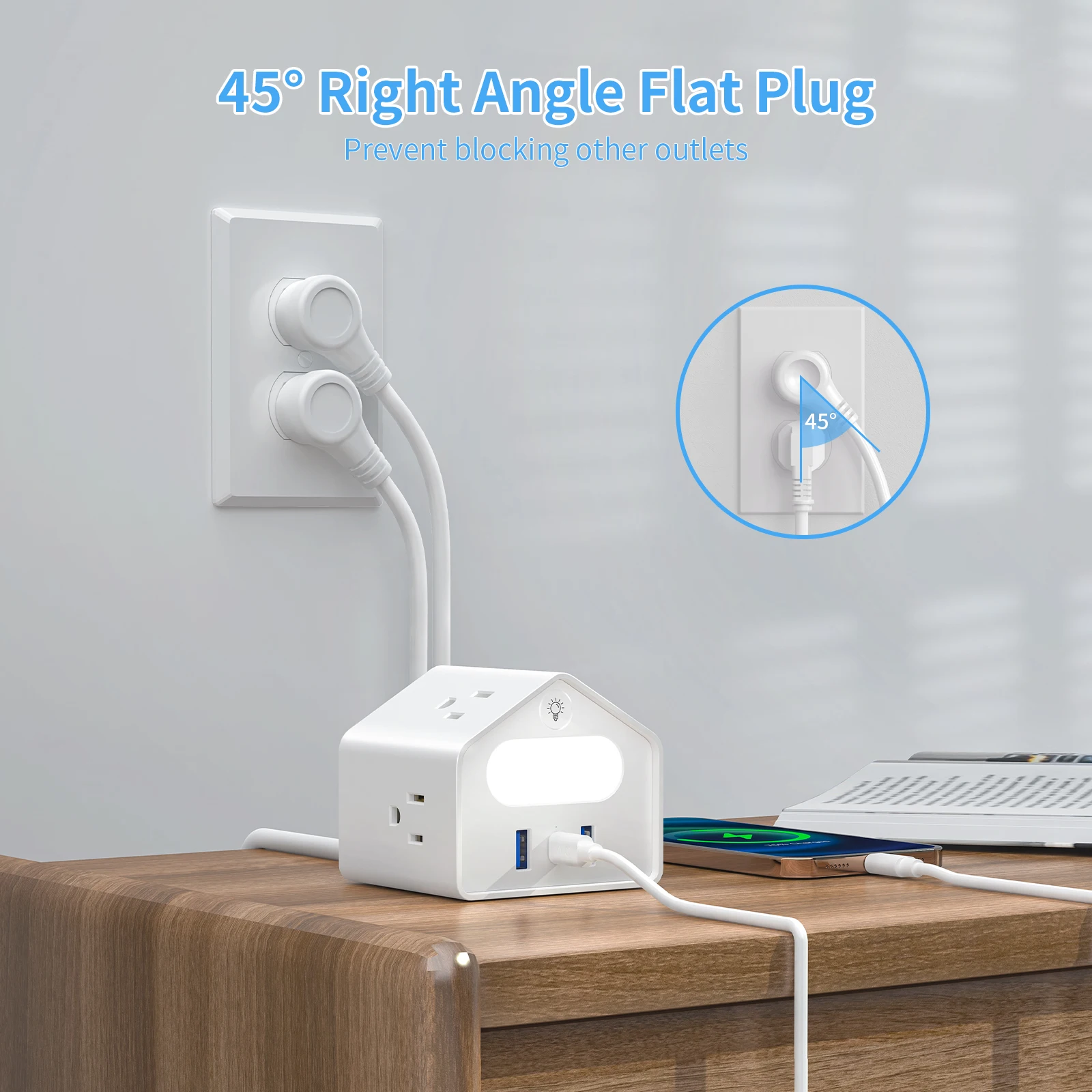 Power board Surge protector, US Gauge 18W USB C, 6-foot extension cord, multiple outlets, white with night light