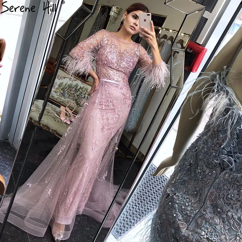 Serene Hill Wine Pink Mermaid  O-Neck With Overskirt Evening Dress  Beaded Feathers 2024  Party LA70827 Customized