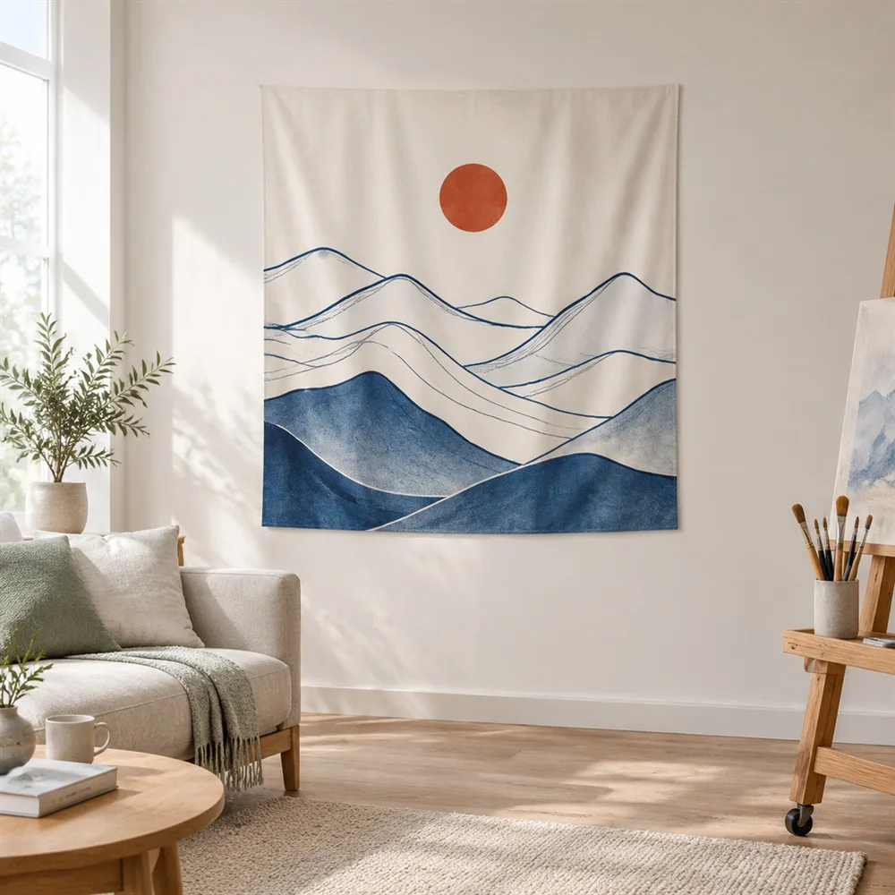 VIKAMA Minimal Mountain Line Center Panel Tapestry Wall Hanging, Nordic Wall Decor Tapestries for Bedroom Living Room Study Dorm