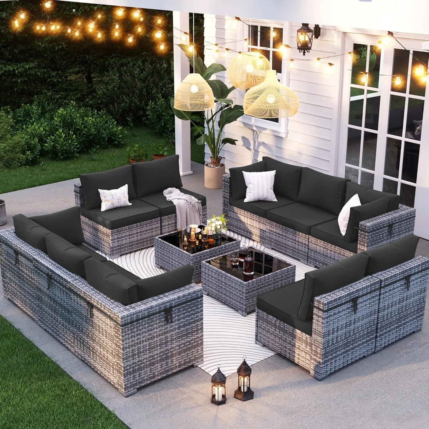 Patio Furniture Set, 12-Piece Outdoor Sectional with Waterproof Cover,Wicker Patio Conversation Sets(Grey w/ Black Cushion)