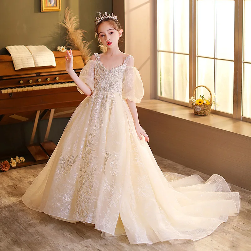 

Girls' Runway Host Tail Dress Children's Piano Performance Dress Little Girl's Birthday Puffy Stylish Princess Dress