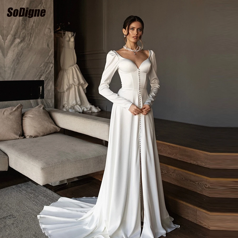 SoDigne A-line Satin Wedding Dresses Full Sleeves Sweetheart Bridal Dress 2026 Long Bride Gown Vestidos De Novia Customized