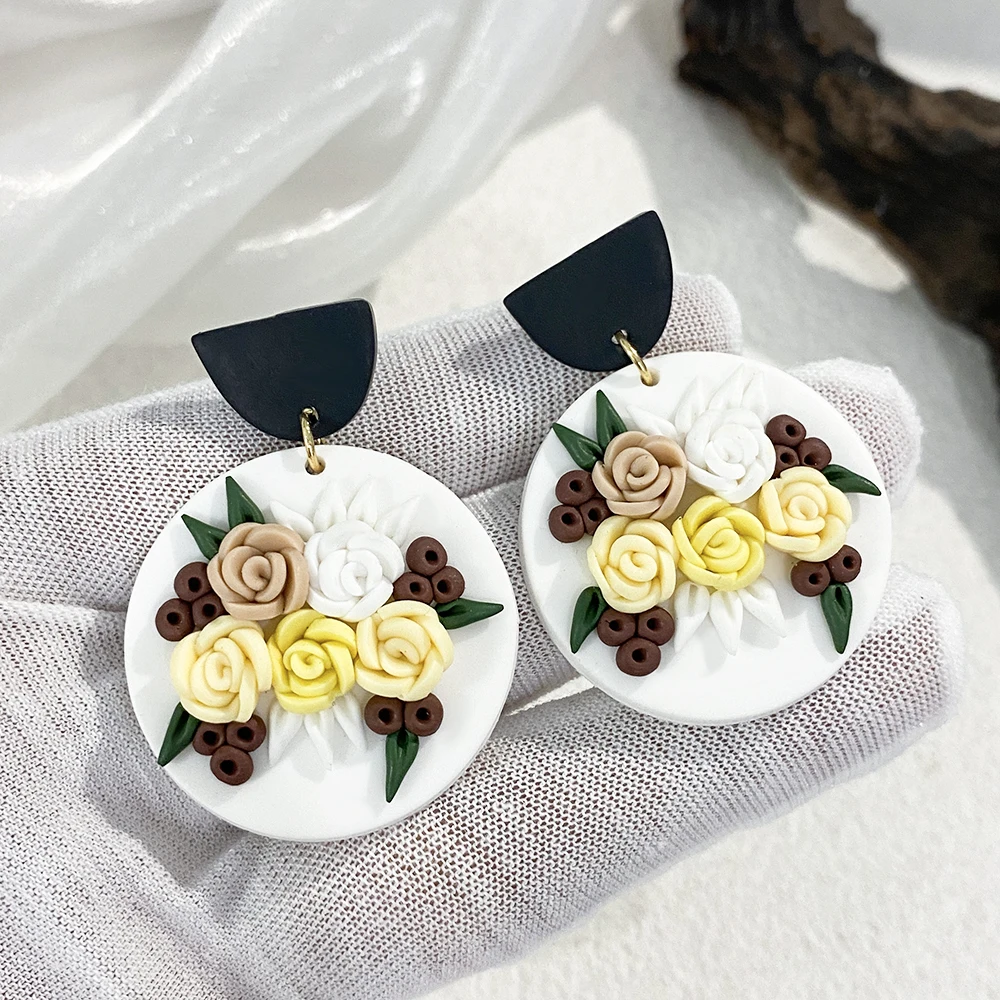 AENSOA Women\'s Multiple Three-dimensional Flower Earrings Trendy Polymer Clay Alloy Geometry Origin Chic Drop Earring Jewelry