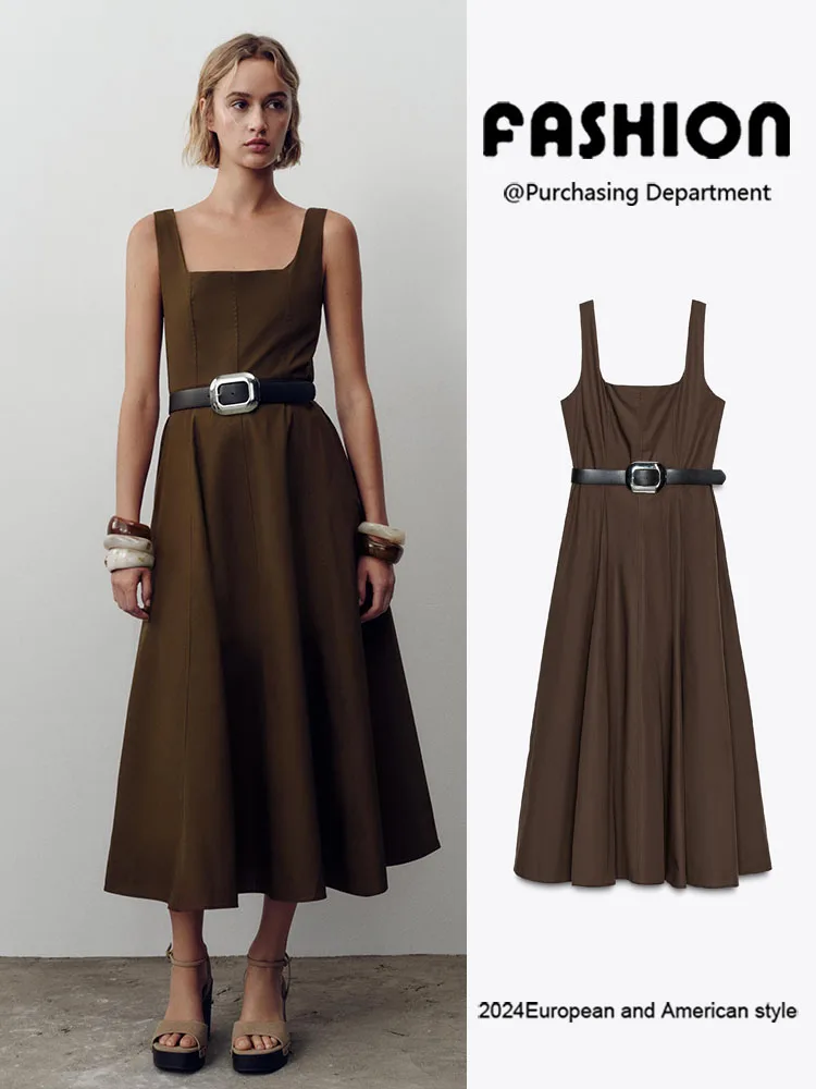 

Ele Midi Dr ZA2025, новое летнее женское платье трапециевидной формы с поясом, бальное платье с высокой талией, однотонное