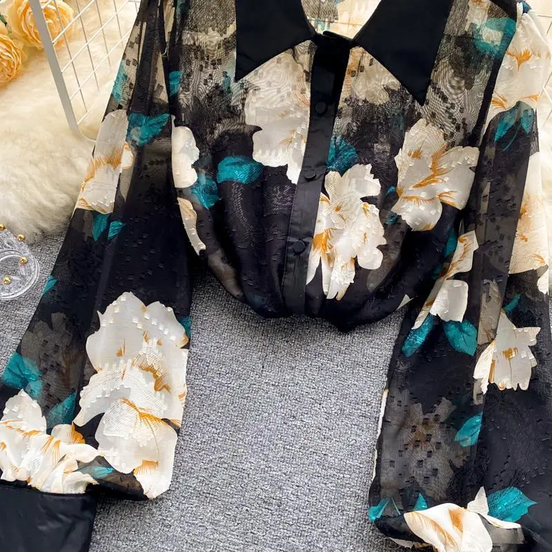 Flower Print Chiffon Vintage Transparent Thin Women\'s Blouse Shirt Polo-Neck Lantern Sleeve Pullover Blouses Spring Summer 2023