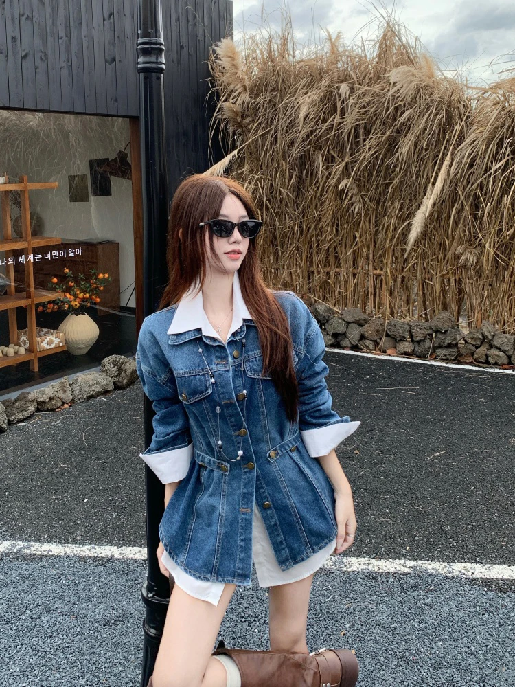 

Джинсовое пальто с отверстиями, женские летние вязаные куртки Amekaji с несколькими карманами, воздушные легкие куртки с открытой передней частью три четверти в стиле минимализм