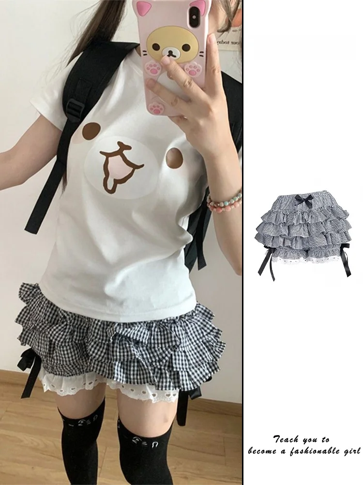 Cute Pumpkin Skirt Women's Summer Soft Girl Cake Skirt Puffy Skirt Subculture Ruffle Pants Skirt High Waist  Knot