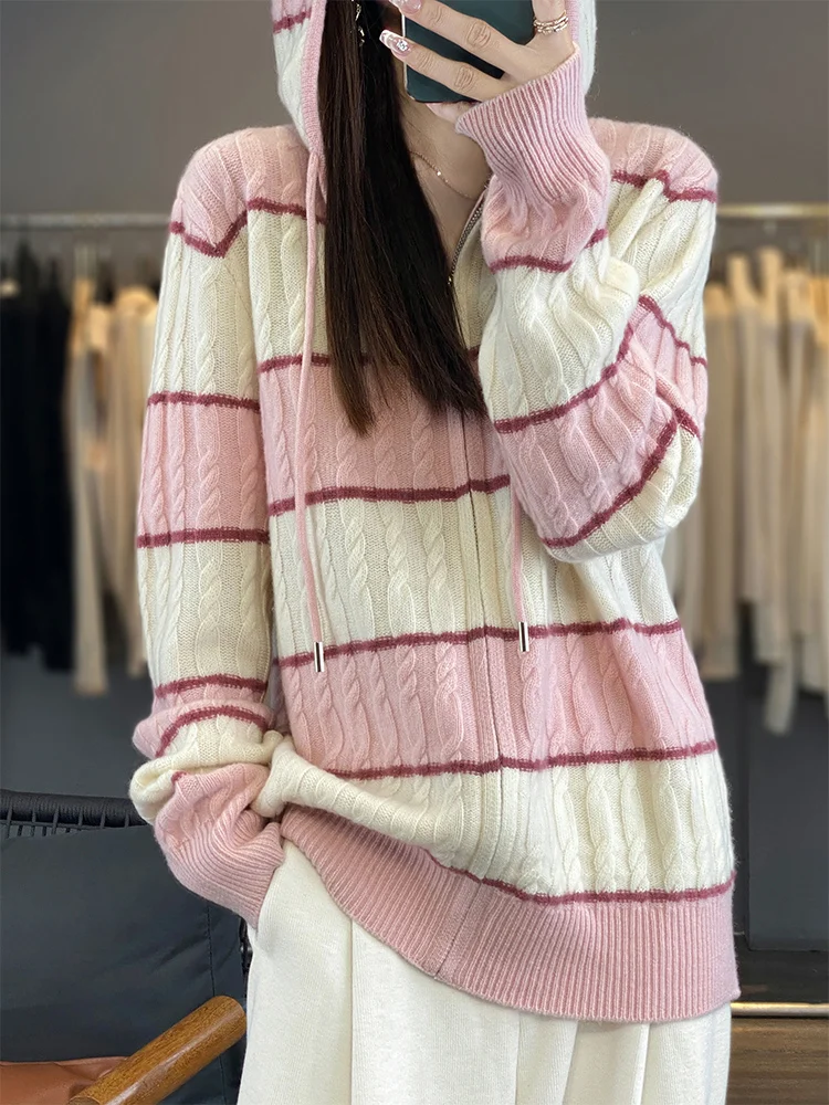 

Женский полосатый кардиган с капюшоном из 100% мериносовой шерсти, теплый сезонный модный осенне-зимний свитер с длинными рукавами и застежкой-молнией