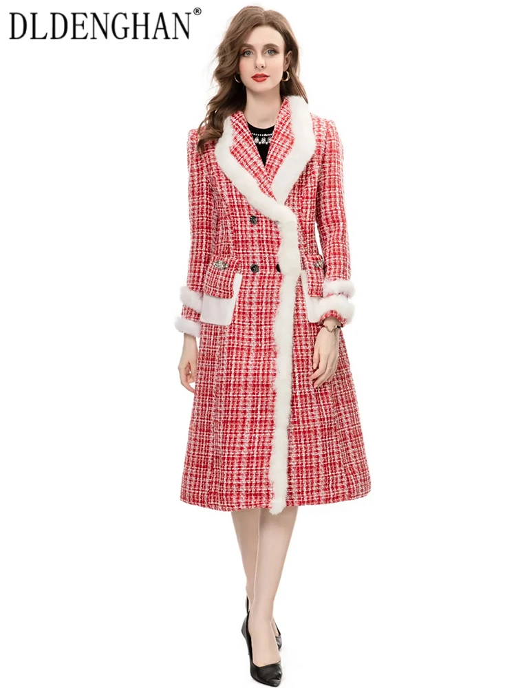 

DLDENGHAN Autumn Winter Plaid Tweed Coat Women Turn-down Collar Long Sleeve Diamond Feather High Street Outerwear Fashion New