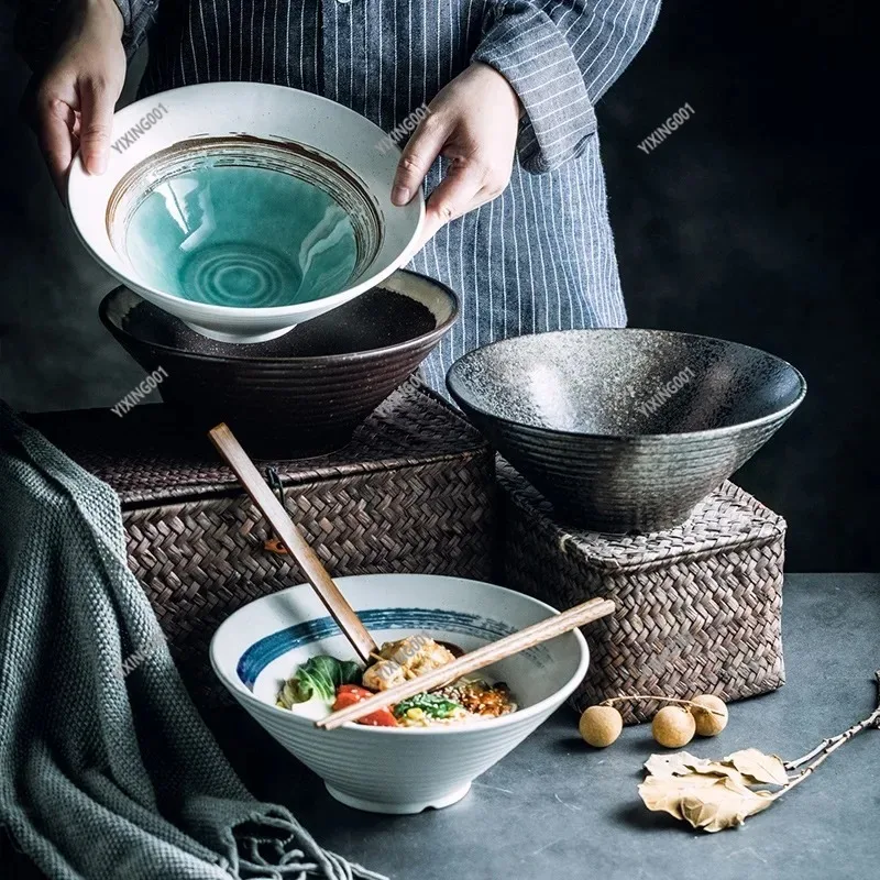 Japanese Style Bucket Horn Ceramic Bowl, Creative Large Ramen Soup Noodle Bowl for Household Tableware