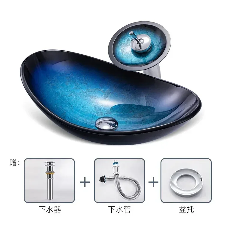

Round Tempered Glass Vessel Sink Bathroom Washbasin without Faucet Deck Mounted Basin with Overflow and Pop Up Drain Set