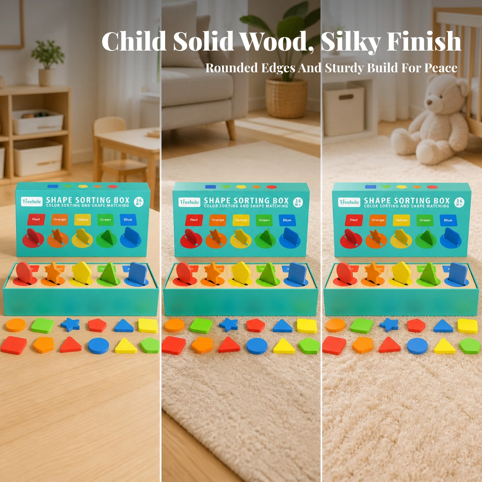 Wooden Shape Sorting Box Solid Wood Shape Sorting Toy with Wooden Blocks Matching Box Classic Color for Toddlers, Home Learning