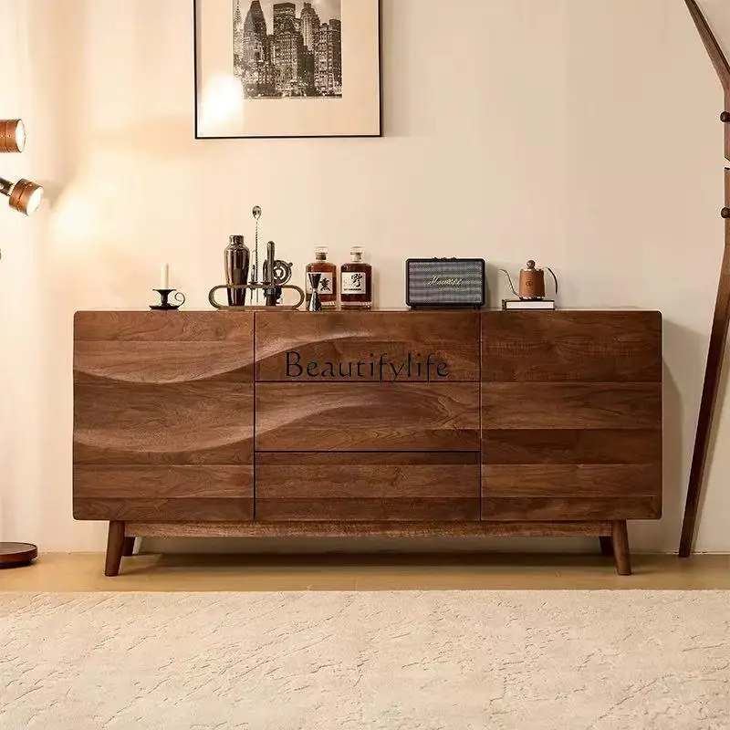 

Medieval solid wood chest, walnut storage, simple modern wave cabinet