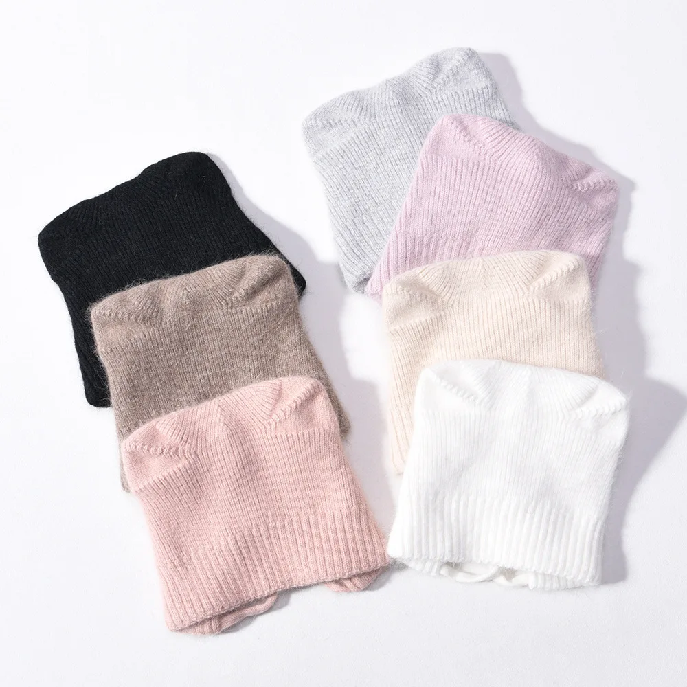 Women Solid Color Angora Rabbit Fur Knitted Beanie Cute Cat Ear Flap Cap with Tie Strings Wind‑Proof Warm Winter Bomber Hats
