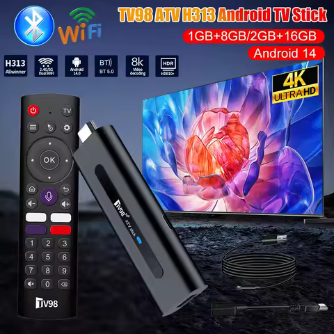 TV98 ATV H313 Mini TV Stick 8K 2.4G/5G WiFi Quad Core BT5.0 Android TV Stick 14.0 Set Top Box for Network Media Player
