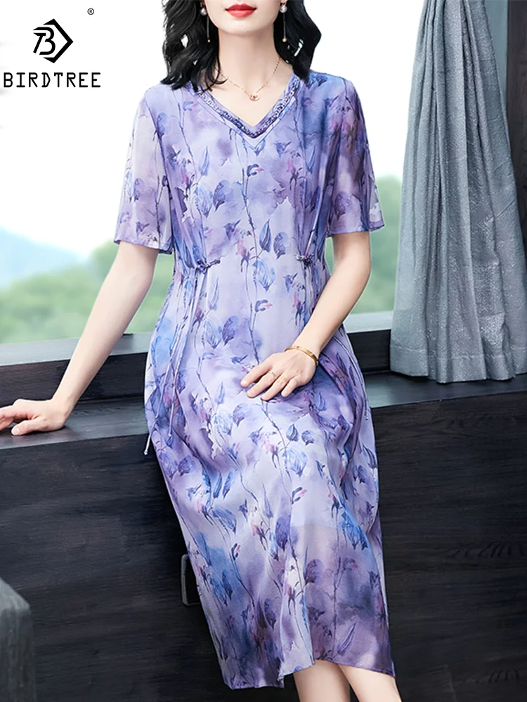 BirdTree, 100%Real Silk Fashion Dresses, Women V Necks Floral, Elegant Loose OL Oversize Party Dress, 2024 Summer New D44827QM