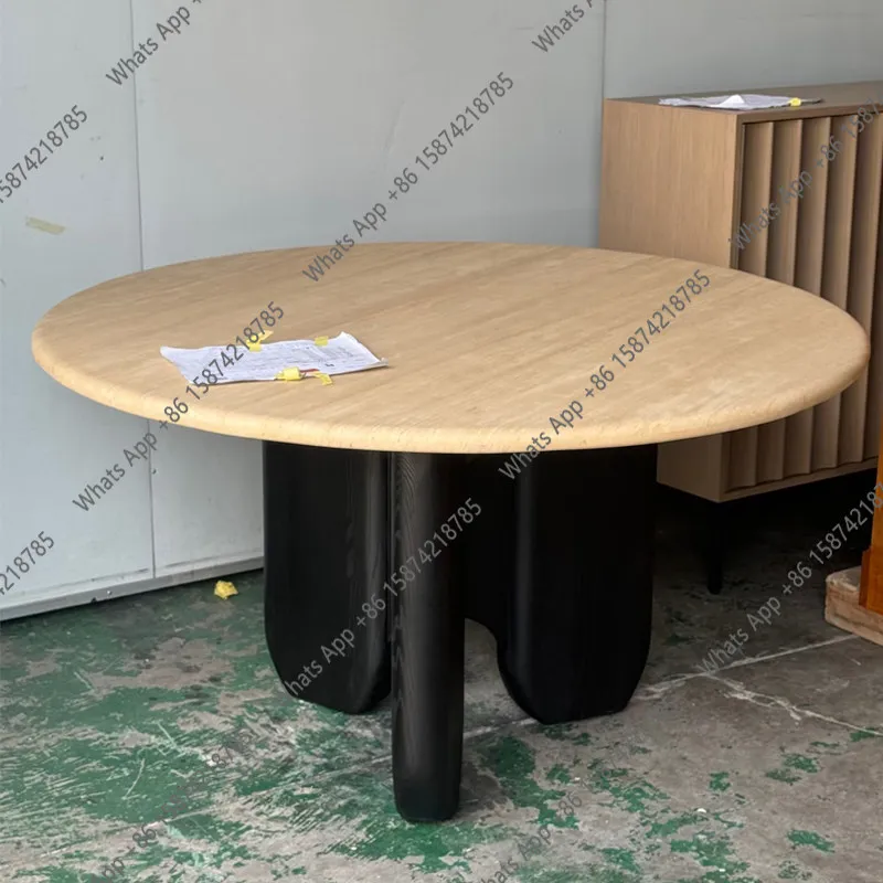

Medieval wabi sandy wind solid wood household natural travertine dining table art creative living room dining table round table