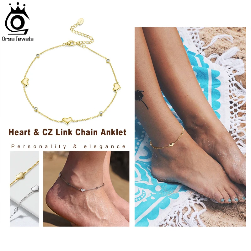 ORSA JEWELS Real 925 Sterling Silver Anklet for Women Heart Charms AAAA Zirconia Female Summer Vacation  Ankle Accessories SA01