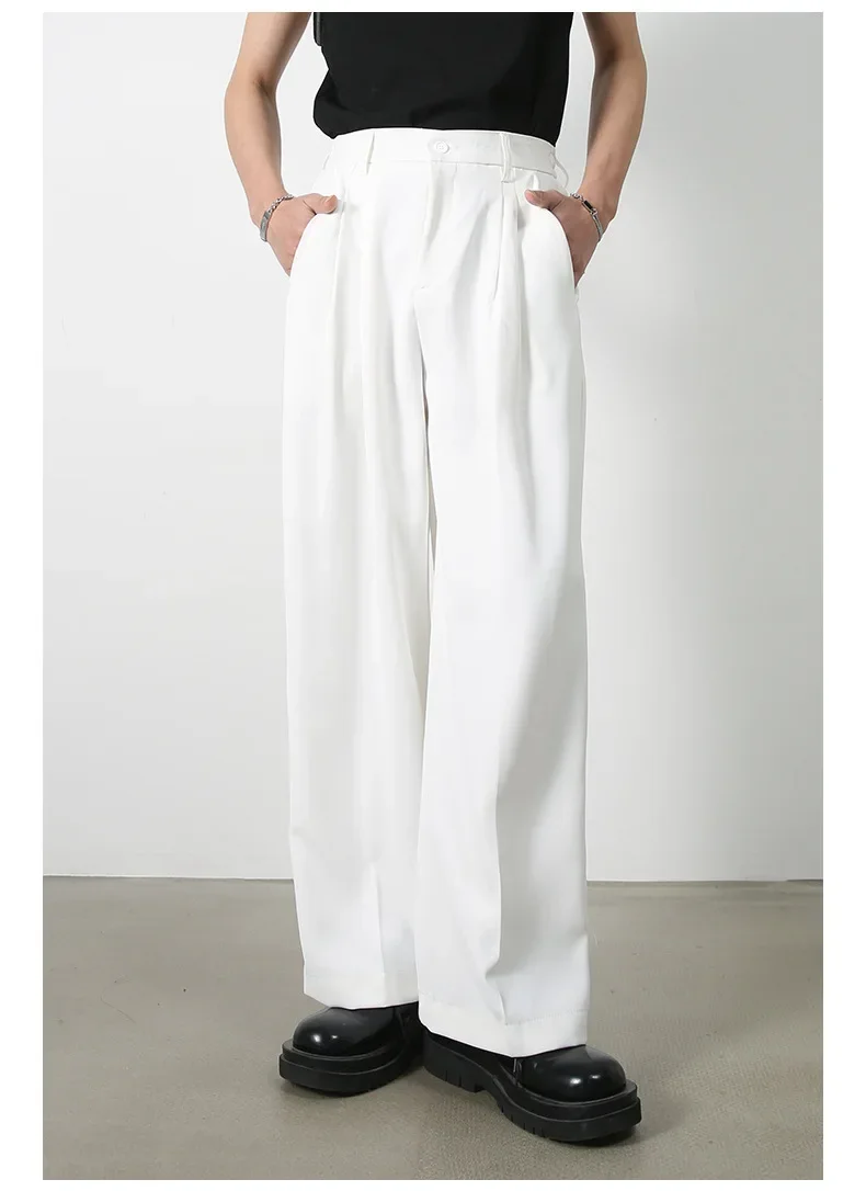 

Осень 2024, новые широкие брюки, мужские длинные брюки, однотонные повседневные свободные брюки обычного размера, прямые брюки с карманами, простая высокая талия