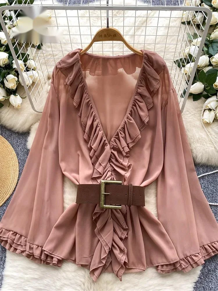 

England Styles Chiffon Blouse Women Edible Tree Fungus Splice V Neck Flared Sleeve With Belt Slim Design Elegant Shirt