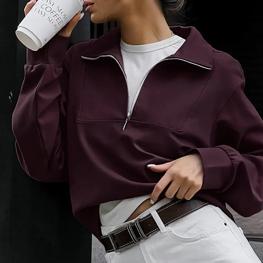 캐주얼 긴 소매 후드티 여성 가을 의류 빈티지 스타일 와인 레드 컬러 스웨트셔츠 여성용 풀오버 하프 지퍼 스트리트웨어