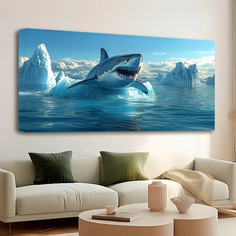 1.5 inch thick pine frame, Great white shark animal poster, canvas print painting, modern home, bedroom and living room