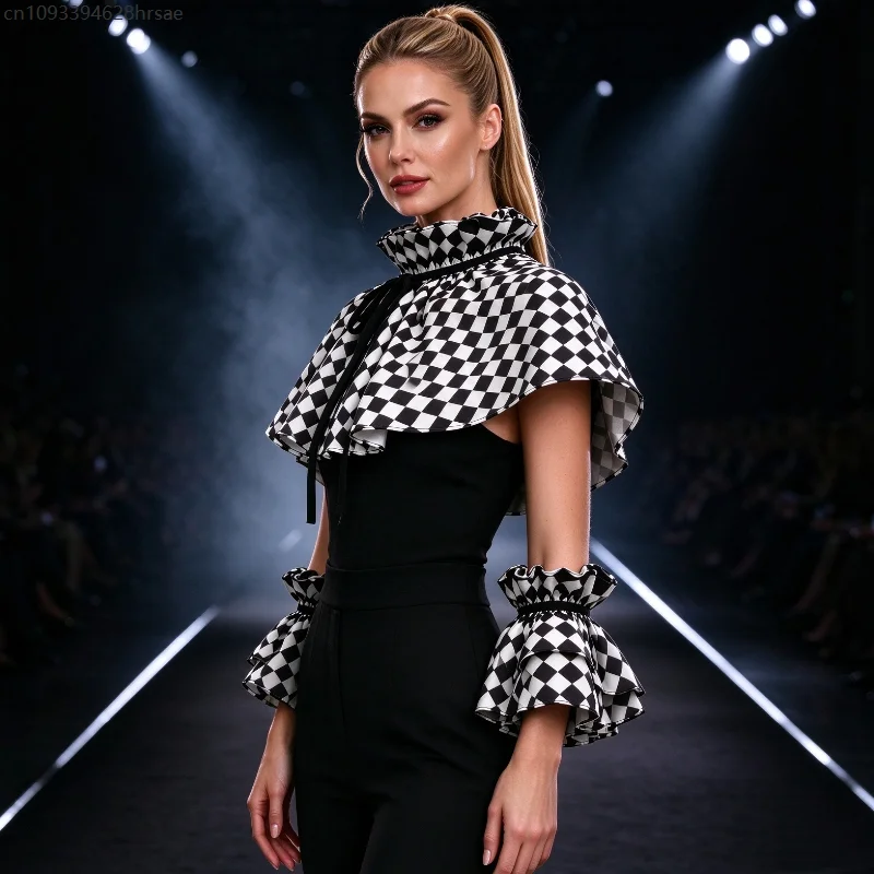 Women Black White Checkered Cape Collar Ruffle Cuff Set Harlequin Pattern Shawl Wrist Cuffs Party Cosplay Costume Accessories
