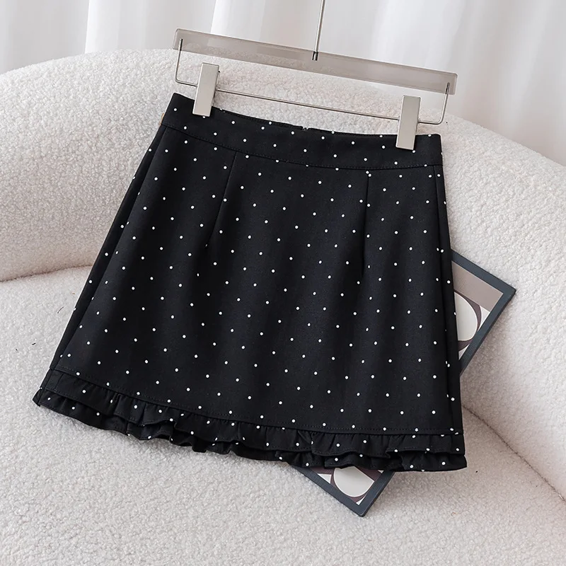 

Fashion Polka Dot Patchwork Ruffle Hem Short Skirt Women Autumn High Waist A-line Skirt Bodycon Skirt
